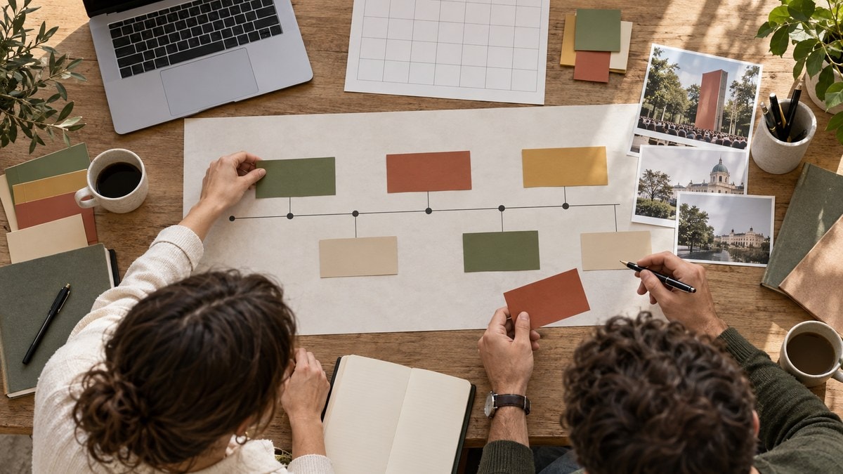 Équipe construisant un plan de communication événementielle sur une frise